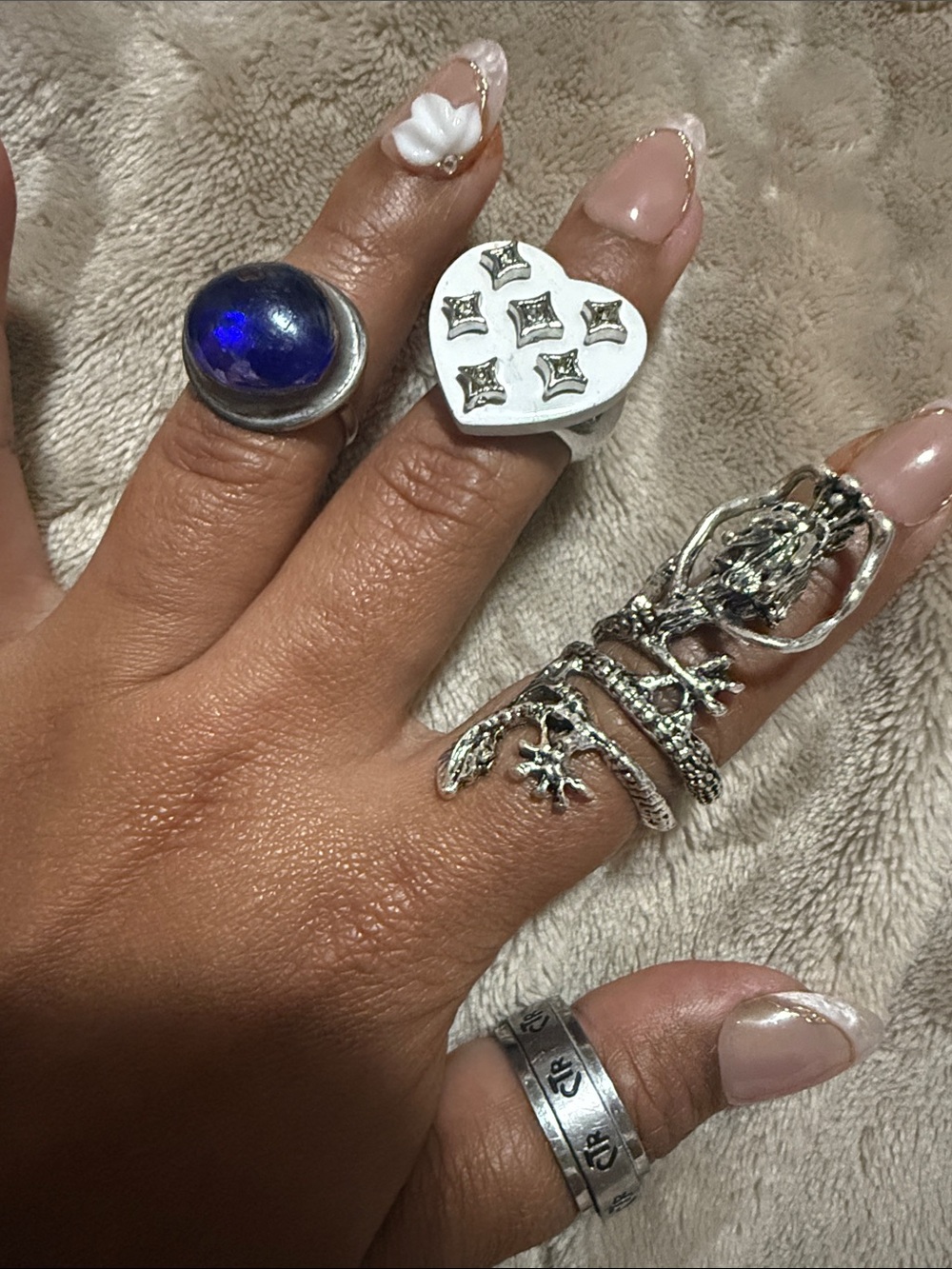 Silver Tone Heart & Blue Stone Mixed Rings Set - Women Jewelry